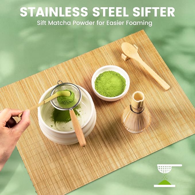 COANTO Matcha Whisk Set - Includes Sifter Bamboo Whisk (Chasen), Tea Spoon, Spoon Holder, Scoop and Whisk Holder, 6pcs (No Bowl Included)