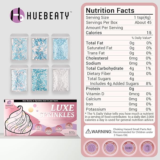 HUEBEATY 6-in-1 Edible Snowflake Sprinkles – Blue and White Winter Sprinkles for Cake Decorating, Cookies, Cupcakes & Baking | 6.36oz/180g | Frozen, Christmas, Holiday, and Winter Wonderland Decorations