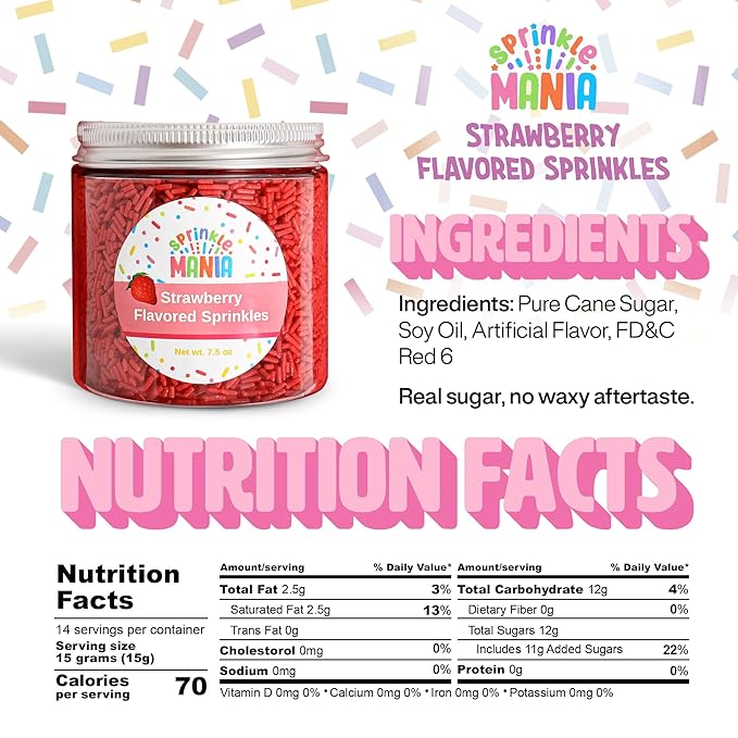 Flavored Strawberry Sprinkles for Ice Cream Drinks & Cake - Our Edible Strawberry Sprinkles Taste Just Like Strawberries - Our Flavored Jimmies Use Cane Sugar & Are Free from Red 3 & Red 40 (7.5oz)