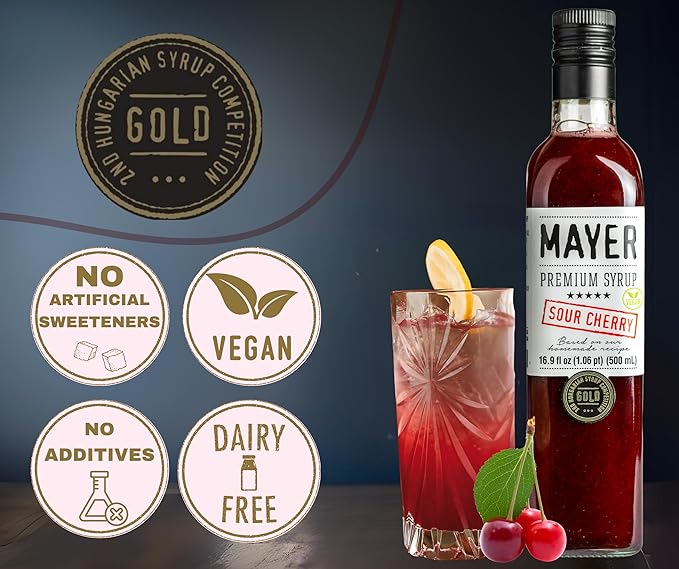 Mayer Hungarian Sour Cherry Syrup – Award-Winning Cherry syrup for drinks, All-Natural Cordial, Over 50% Real Fruit, Vegan (16.9 oz Bottle) – Ideal Cocktail Mixer & Dessert Topping