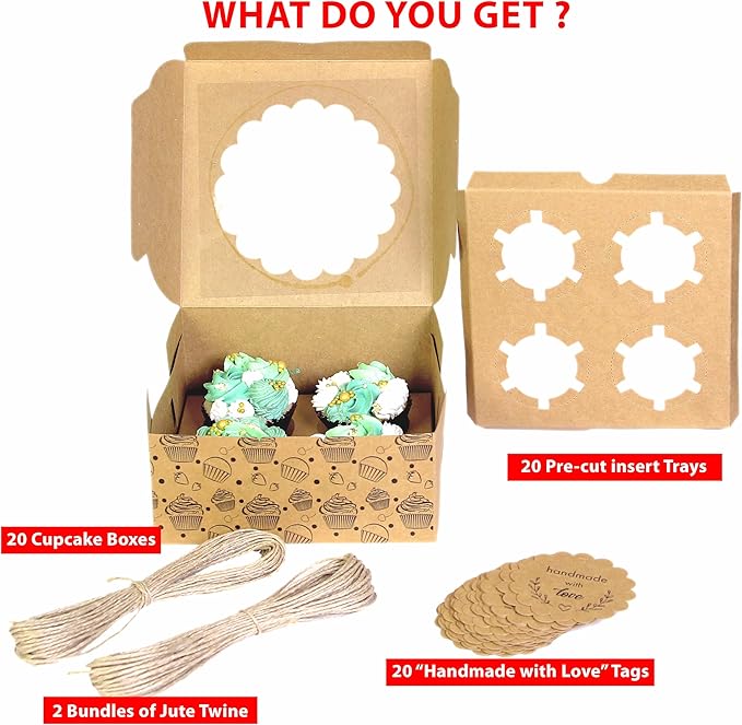 Cupcake Boxes with Insert (Pack of 20), Brown Cupcake Carrier, Food Grade Kraft Bakery Boxes with Windows and Inserts to Fit 4 Cupcakes Muffins or Pastries