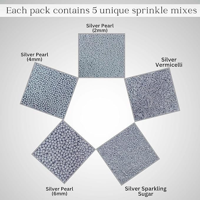 Confect Silver Pearl Christmas Sprinkles for Cakes & Cupcakes Decoration | Assorted Pack of 5 Metallic Shine Sliver Sprinkle Mix Dragees, Jimmies & Sparkling Sugar | Vegan, Gluten-Free, Soy-Free, Dairy-Free, Palm Oil-Free- 5 Oz