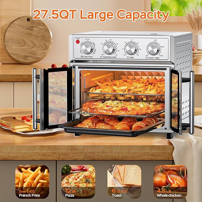 PlumChef 27.5 Quart Extra Large 6 Slices Air Fryer Convection Toaster Oven, French Door, 1700W, Multifunction Oven for Air Fryer, Toast, Grill, Defrost, Bake, Time and Temperature Controls, Silver