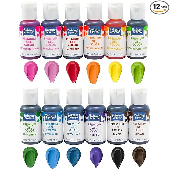 Bakery Crafts Premium Gel Food Coloring 12 Bottle Assortment, 7.2 Fl Oz, Highly Concentrated Food Safe Dye Color For Use with Cake Mix, Buttercream, Whipped Icing, Fondant & Piping Gel, 12 x 0.6FL - Made In The USA
