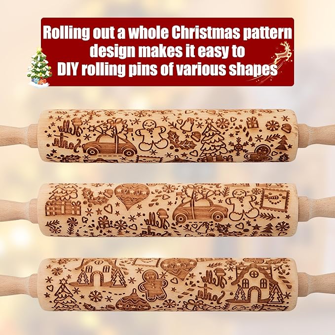17" Premium Wood Rolling Pins for Baking with Gingerbread Embossed Designs | 3mm Deep Springerle Cookie Molds | Christmas Rolling Pin & Baking Gifts for Women | Includes 3-in-1 Cleaning Brush