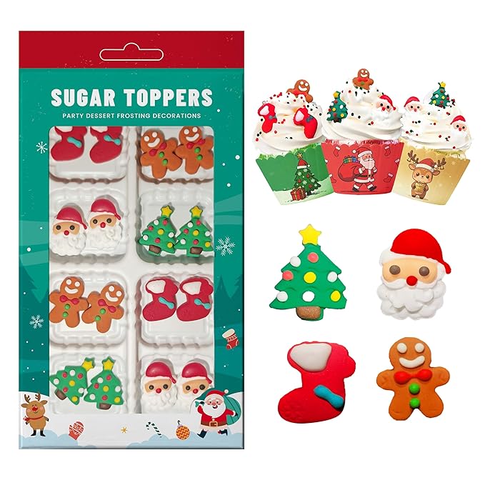 Christmas Sprinkles for Baking 16Pcs - 4 Designs Santa, Gingerbread Man, Holiday Stocking, Christmas Tree - Edible Decorations for Cookies, Cakes, Cupcakes, Holiday Desserts