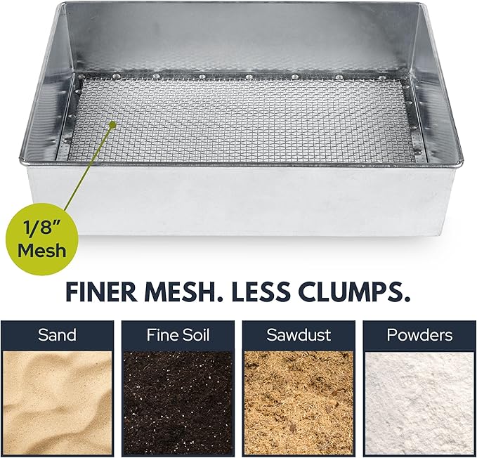 Soil Sifter, Standard Size (12 x 10 inches) with 1/8-inch Mesh, Trapping and Garden Sieve for Dirt, Sand, Rocks, and Compost