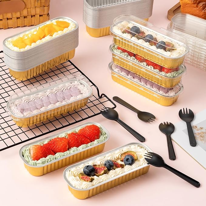120Pcs Mini Loaf Pans with Lids and Spoons, Aluminum Foil Baking Pans, Rectangle Mini Cake Pan, Brownie Baking Cups for Picnics Party (Gold)