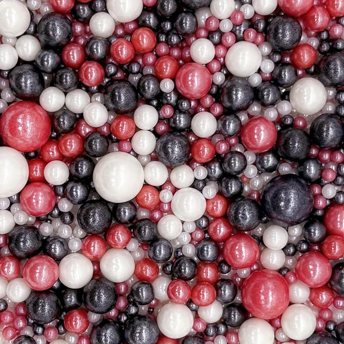 Edible Red & Black & White Sugar Pearls Sprinkles Candy Mix Size Pearls Cake Decorations Cupcake Toppers Decorating Perfect for Wedding Party Valentine Christmas Supplies 4.58OZ