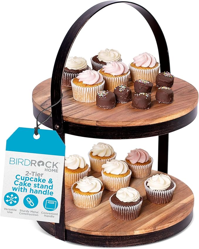 BIRDROCK HOME 2-Tier Cupcake and Cake Stand with Handle - Rustic Wood & Iron Dessert Serving Tray - Farmhouse Style Table Display for Cookies, Appetizers, and Treats - Round, Modern, Decorative