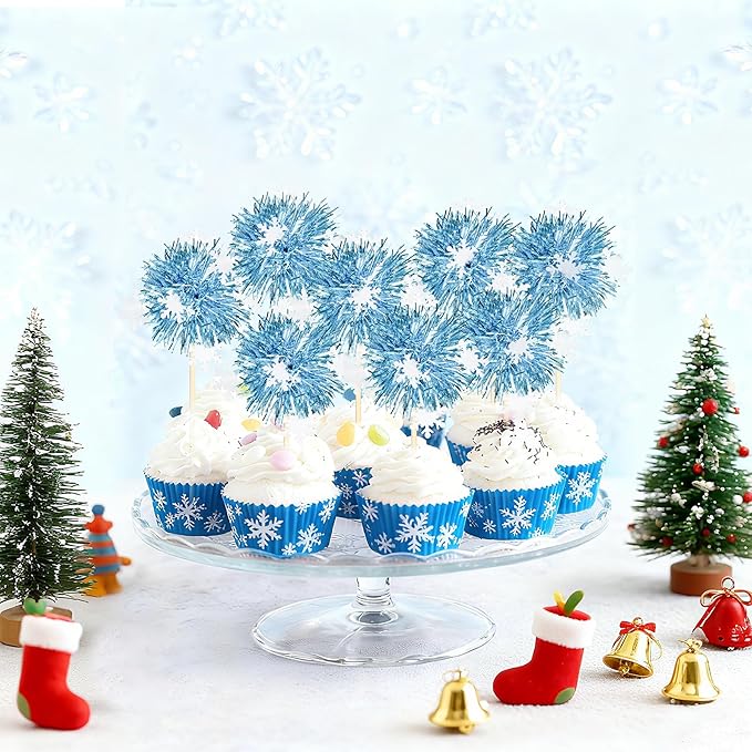 24Pcs Frozen Cupcake Toppers, Snowflake Foil Firework Cupcake Toppers Tinsel Drink Picks Let it Snow Winter Supplies Favor