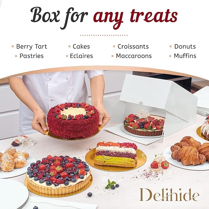 Premium Cake Boxes with Cake Boards Set - 12 Front-Loading Sturdy Cardboard Cake Boxes 10", 12 White/Gold Greaseproof Boards 10 Inch - Window Cake Box Set