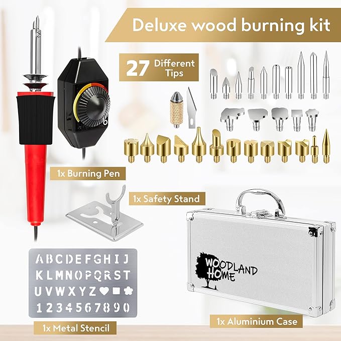 Wood Burning Kit. Pyrography Pen Fully Adjustable Temperature With safety Stand. 27 Tips with Cutting Blade, Stencils and Deluxe Case