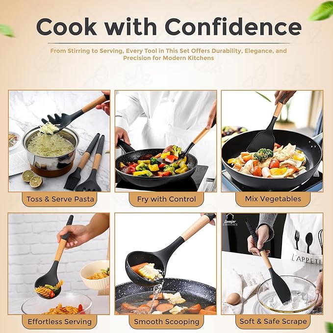 Kitchen Utensils Set, Special Edition with Silicon Handle, Silicone Cooking Tools, 6 Piece, Black, 12.9 Inch Length, Used for Cooking, Baking, Mixing, Serving
