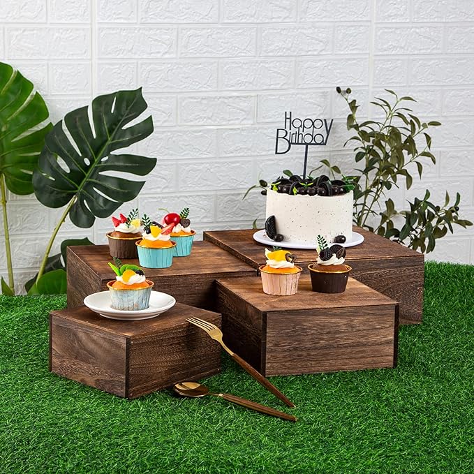 Vintage Brown Square Wooden Cake Stands For Display,Set Of 4 Wood Cupcake Stands Risers, 12 Inches Rustic Wood Crates For Wedding Cake Display, (Vintage Brown)