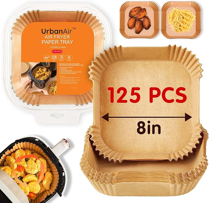 8-Inch Square 125pcs Air Fryer Paper Liners for Easy Cleanup - Non-Stick, Heat-Resistant, and Perfect Fit for Hassle-Free Cooking | Bleach-Free Parchment| (8 In/20cm)