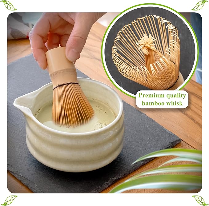 Matcha Whisk Set- Matcha Set includes Matcha Whisk and Bowl (Bowl with Spout), Sifter, Holder and Scoop- The Perfect Bamboo Whisk for Matcha Tea (Molted Green)