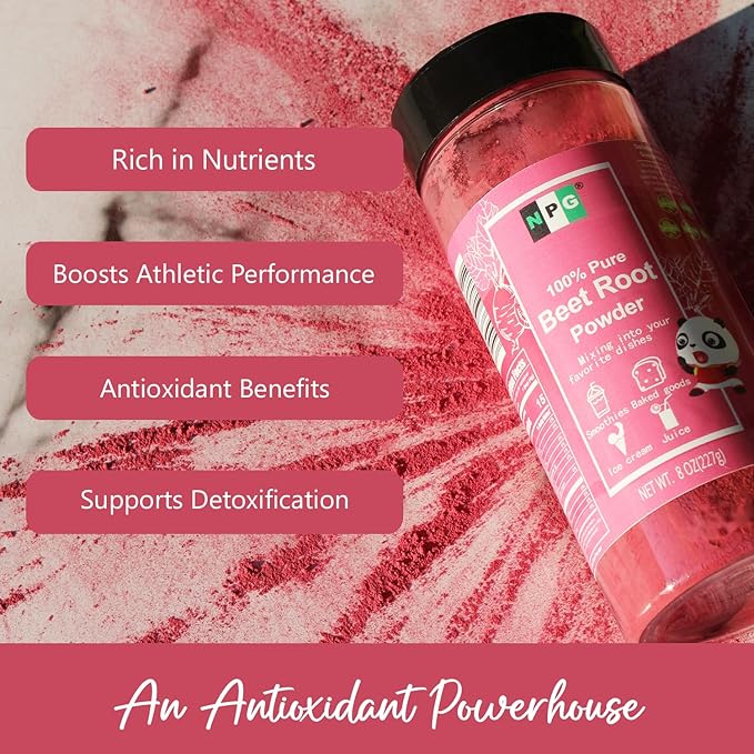 NPG Beet Root Powder 8 Oz, 100% Pure Raw Red Beetroot Superfood for Baking, Juices Drink, Smoothies, Vegan, Non-GMO, No Added Sugar, No Preservatives (Packaging May Vary)