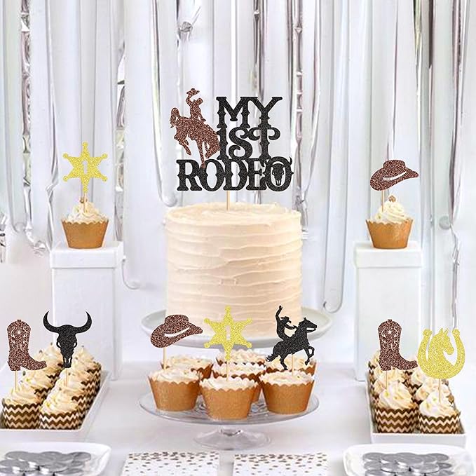 25Pcs Glitter Cowboy Cake Toppers Western Theme Cupcake Picks with Horseshoes, Hats & Boots for Baby Shower & Boys Birthday Party Decorations