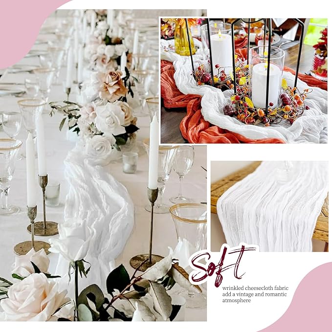 6 Pack White Cheesecloth Table Runner 17x108 Inch Semi Sheer Boho Gauze Cheese Cloth Fabric Table Runners, for Wedding Party Baby Shower Birthday Home Decor Garden Farmhouse