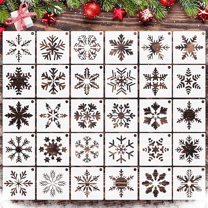 HOWAF 30-Piece Snowflake Christmas Stencils - 3x3 Inches Reusable Craft Stencils for Painting on Wood, Wall, Door, Fabric & More