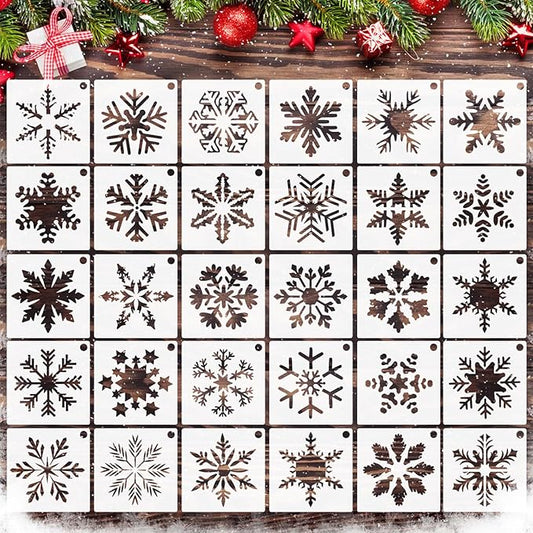 HOWAF 30-Piece Snowflake Christmas Stencils - 3x3 Inches Reusable Craft Stencils for Painting on Wood, Wall, Door, Fabric & More
