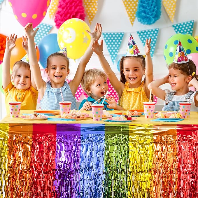LOLStar Rainbow Party Decorations, 2 Pack Wavy Metallic Tinsel Foil Fringe Table Skirts, Perfect Table Decors for Birthday Holiday Wedding Engagement Bridal Shower Pride Party Cartoon Party