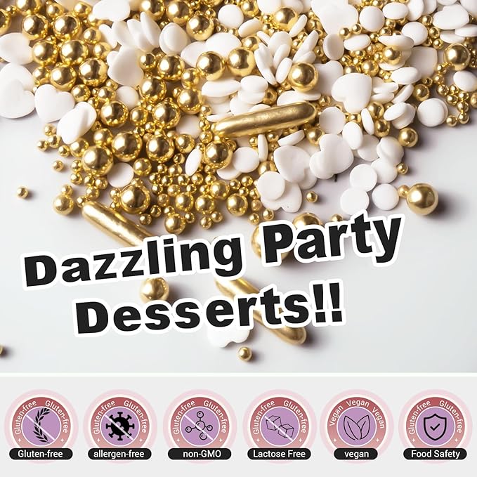 HUEBEATY 6-in-1 Edible Cake Pearl Sprinkles – Black Gold Silver White Sprinkles for Cake Decorating, Cupcakes, Cookies & Ice Cream | 6.36oz/180g | Wedding, Birthday, Graduation, New Year, Valentines Decorations