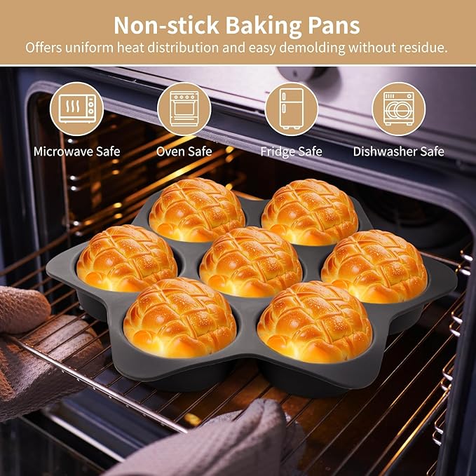 Set of 6 Hamburger Bun Pans, 4/7/9-Cup Silicone Burger Bun Molds with Brush, Spatula, and Grab Glove, Nonstick Perforated Baking Pans, Rectangular Loaf Molds, Dishwasher and Microwave Safe