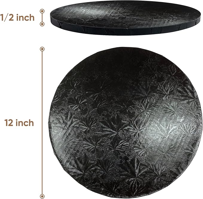 Cakebon Cake Boards - Sturdy 1/2 Thick Drums - 12 Inch Professional Fully Wrapped Edges Black 1-Pack