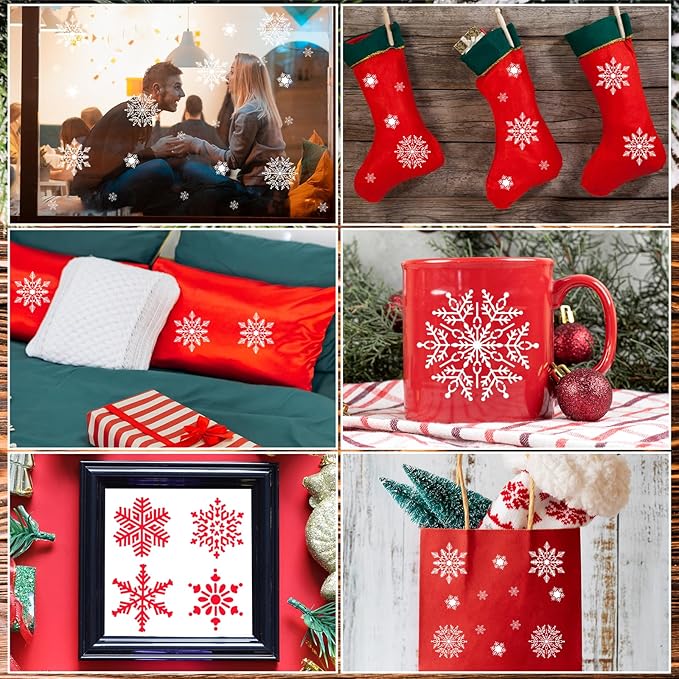 8 Pcs Christmas Snowflake Stencil Template, Reusable Plastic Drawing Painting Stencil Winter Holiday Templates Stencils for Window Glass Wall Door Card Scrapbook Notebook Holiday Xmas Snow Flake