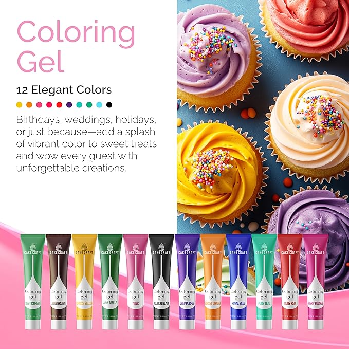 Cake Craft Coloring Gel Kit– 12 Vibrant Colors | Edible Food Coloring for Icing, Fondant, Cake Batter, Cookies & More | Concentrated Formula