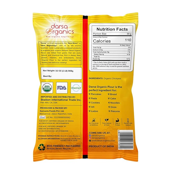 Darsa Organics Chickpea Flour, 2 lb - Premium Grade USDA Organic Certified Garbanzo Bean Flour, Besan for Cooking, Chane Ka Atta, Baking & Vegan Recipes, Gluten-Free, Non-GMO, Chemical-Free, Kosher, Vacuum-Sealed for lasting freshness