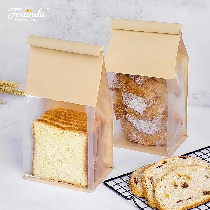 50 Pack Bakery Bags with Window, 5.1x3.9x11 Inches Tin Tie Tab Lock Resealable Cookie Bags for Packaging Bagels, Bread Loaf, Pastry, Baked Goods