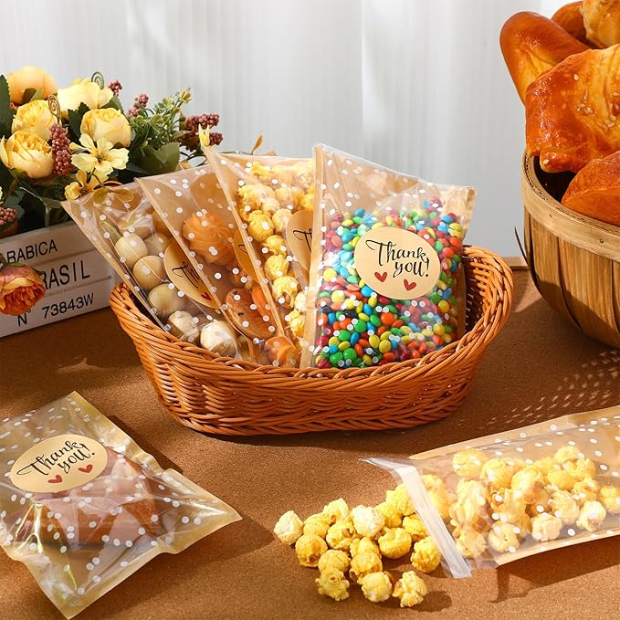 Self Adhesive Cookie Bags Cellophane Polka Dot Treat Bags Small Plastic with Thank You Stickers for Party Gift Giving Bakery Biscuit Candy Pastry(7.48 x 5.12 Inch,Small Dot,100 Pcs)