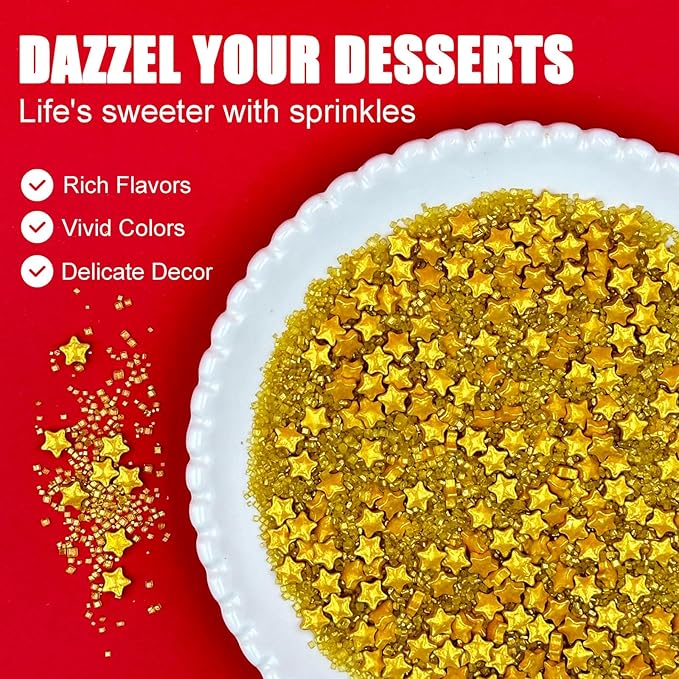 Gold Sprinkles for Cake Decorating, Star Sanding Sprinkles Mix for Cookie Baking Ice Cream Brownie Cupcake Toppings