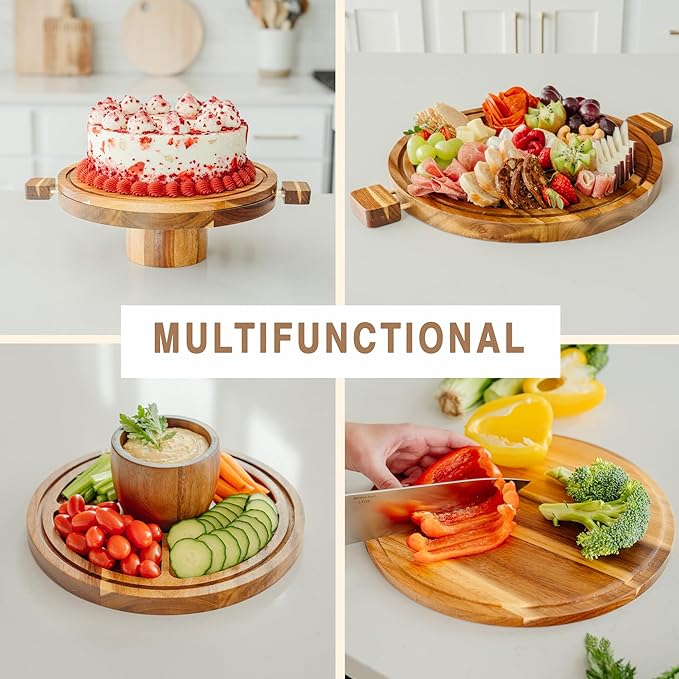 Acacia Wood Cake Stand with Lid – 3-in-1 Split Design, Magnetic Base with Detachable Handles & Acrylic Cake Stand Dome Cover – Charcuterie Board, Serving Platter for Cakes, Cheese & More (11”)