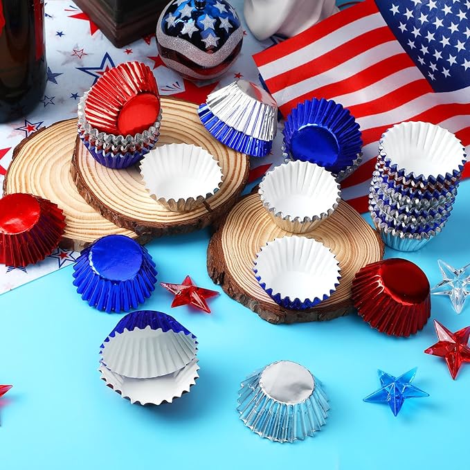 AUGSUN 400pcs 4th of July Mini Foil Cupcake Liners Cupcake Red Blue Silver Mini Muffin Cupcake Wrappers for Patriotic Independence Day Holiday Birthday Veterans Party Cake Candy Chocolate Decorations
