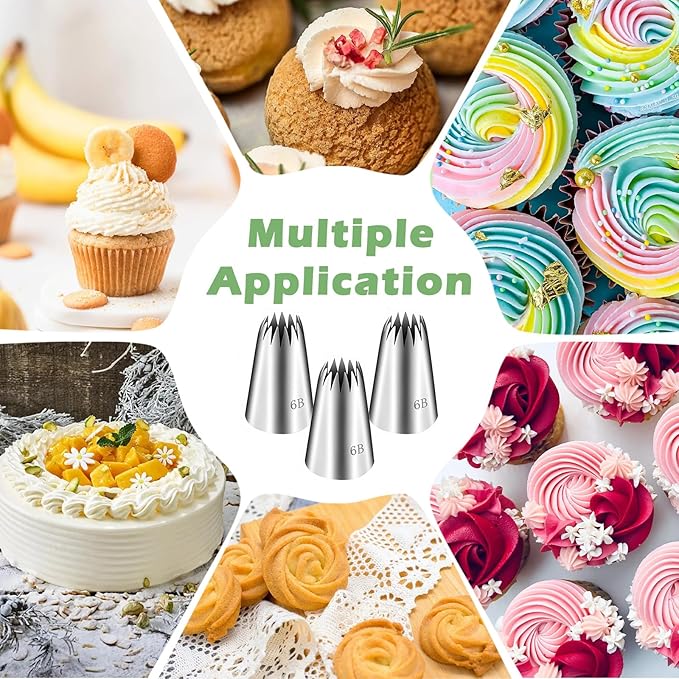 FANTEXY 3 Pieces 6B Large Piping Tips with 20 Disposable Piping Bags,Piping Bags and Tips Set,Frosting Icing Tip,Cake Decorating Kit,Large Icing Nozzle,Frosting Star Tip for Churro Cupcake Cookie