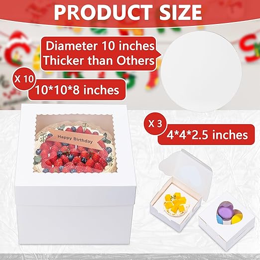 23Pcs Cake Boxes with Boards 10x10x8 Inch-(10 Boxes &10 Boards,3 Cupcake Box)&80 Stickers-Square Large White Bakery Boxes with Window for Cookies- Cake Decorating Supplies