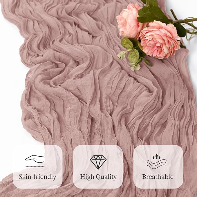 6 Pack Dusty Pink Cheesecloth Table Runner 17x108 Inch Semi Sheer Boho Gauze Cheese Cloth Fabric Table Runners, for Wedding Party Baby Shower Birthday Home Decor Garden Farmhouse
