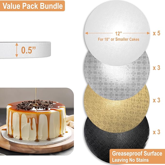 14 Pack Cake Drums 12 Inch in White, Black, Silver & Gold Color | Free Prop Up Tools | Fully Greaseproof 1/2" Thick Cake Rounds | Sturdy for Heavy/Tiered Cakes