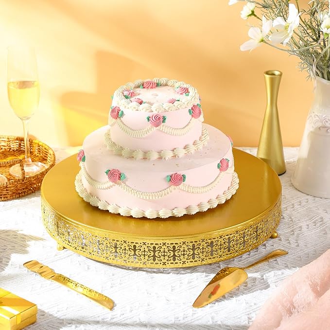 Wenqik Gold Cake Stand, 16 Inch Large Metal Round Cupcake Dessert Stand with Cake Knife and Server Wedding Cupcake Display Holder Cookies Serving Tray for Wedding Birthday Baby Shower Party