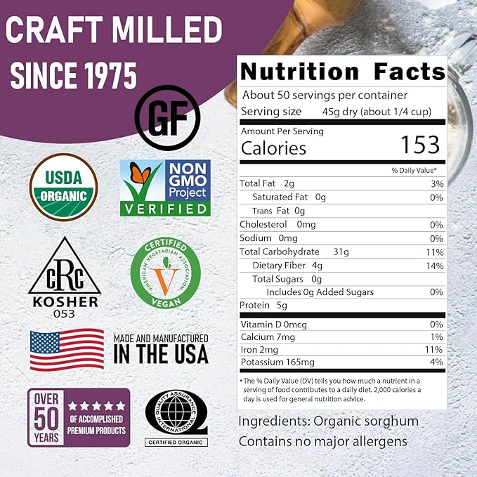 Great River Organic Milling Organic Whole Grain Sorghum | High-Protein Ancient Grain | Non-GMO, Kosher Certified | Ideal for Salads, Pilaf, Porridge, Baking & More | 5 Lb