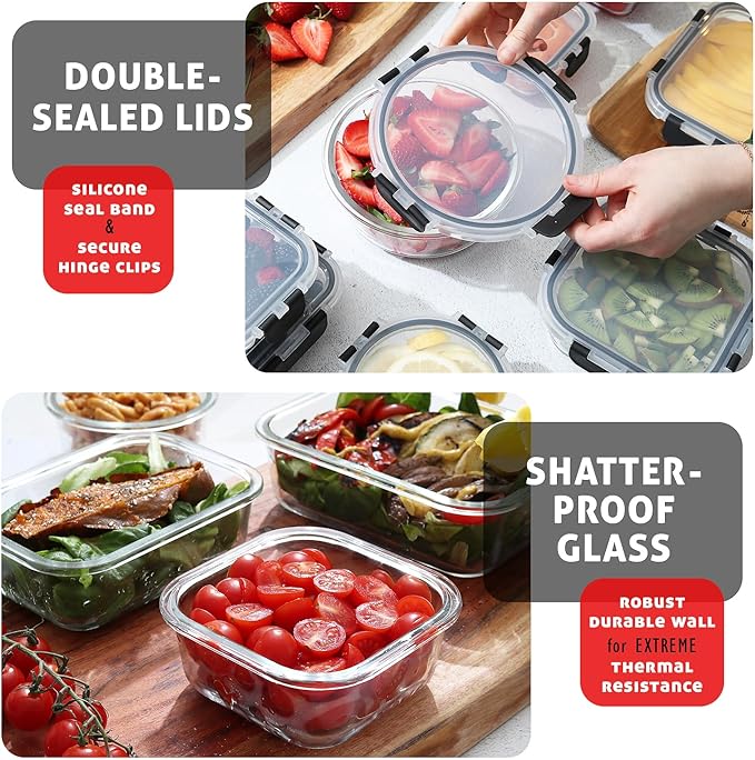 Nestl 24pc (12 Airtight, Freezer Safe Food Storage Containers and 12 Lids), Pantry Kitchen Storage Containers, Glass Meal Prep Container for Lunch, Glass Storage Containers with Lids Black
