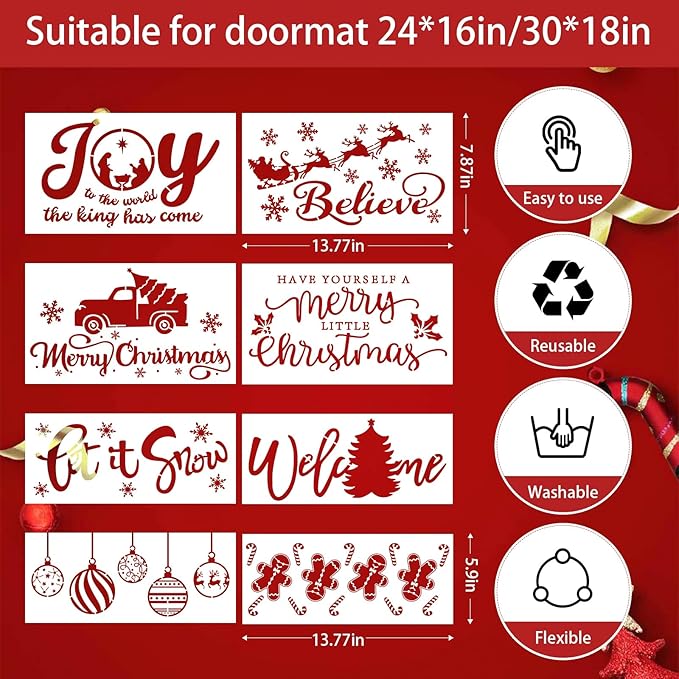 8 Pcs Large Christmas Stencils for Crafts, Reusable Christmas Rub on Transfers Painting Crafts, Xmas Stencils for Painting On Doormat Wood Wall Decor (Classic.8)