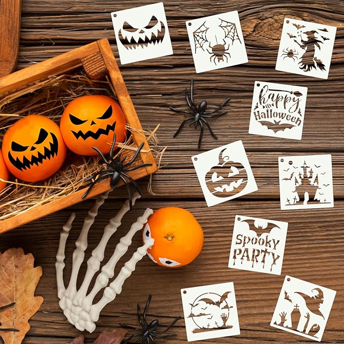 80 Pcs 6 x 6 Inch Halloween Stencils for Painting on Wood, Reusable Happy Pumpkin Spider Web Stencil DIY Ornaments Ghost Paint Template Set for Wall Door Home Decor