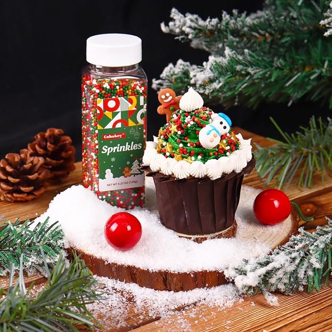 Christmas Nonpareils Sprinkles for Cake Decorating 4.2 Ounce Edible Gold Star Red and Green Holiday Sprinkles Mix for Cupcake Topper Ice Cream Candy Cookie Food Decorative Xmas Dessert