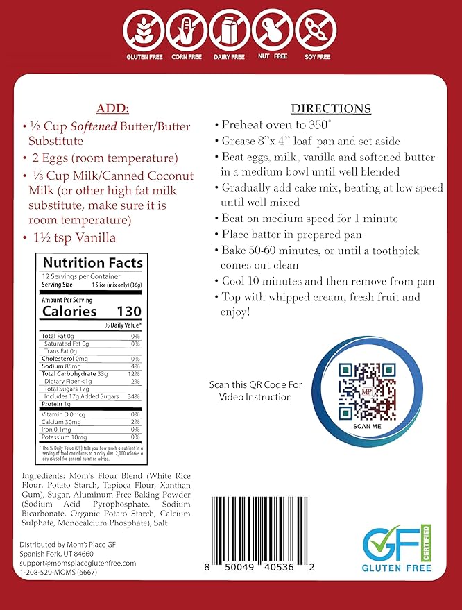 Mom's Place Gluten-Free Buttery Vanilla Pound Cake Mix, Nut Free, Dairy Free & Soy Free, Makes 12 Servings, Easy to Prepare 15.3 oz (Pack of 2)