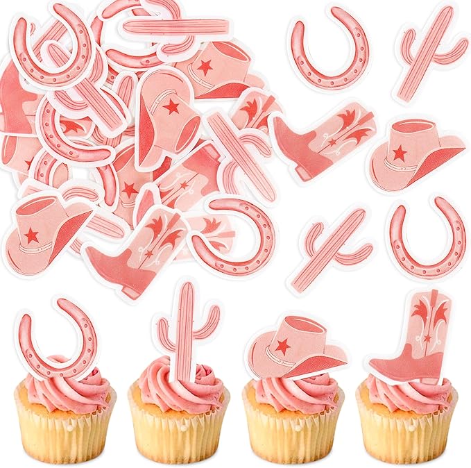40Pcs Edible Cowboy or Cowgirl Hat and Boot Cupcake Toppers Glitter Cowgirl Hat and Boot Cupcake Toppers Picks Western Theme Baby Shower Kids Birthday Party Supplies
